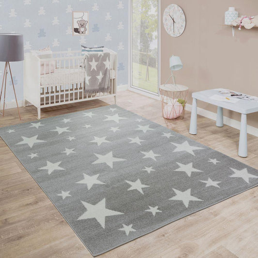 Stars Rug Kids for Nursery In Grey White Pastel Colors-0