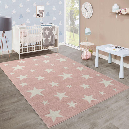 Stars Rug Kids for Nursery in Pink White Pastel Colors-0