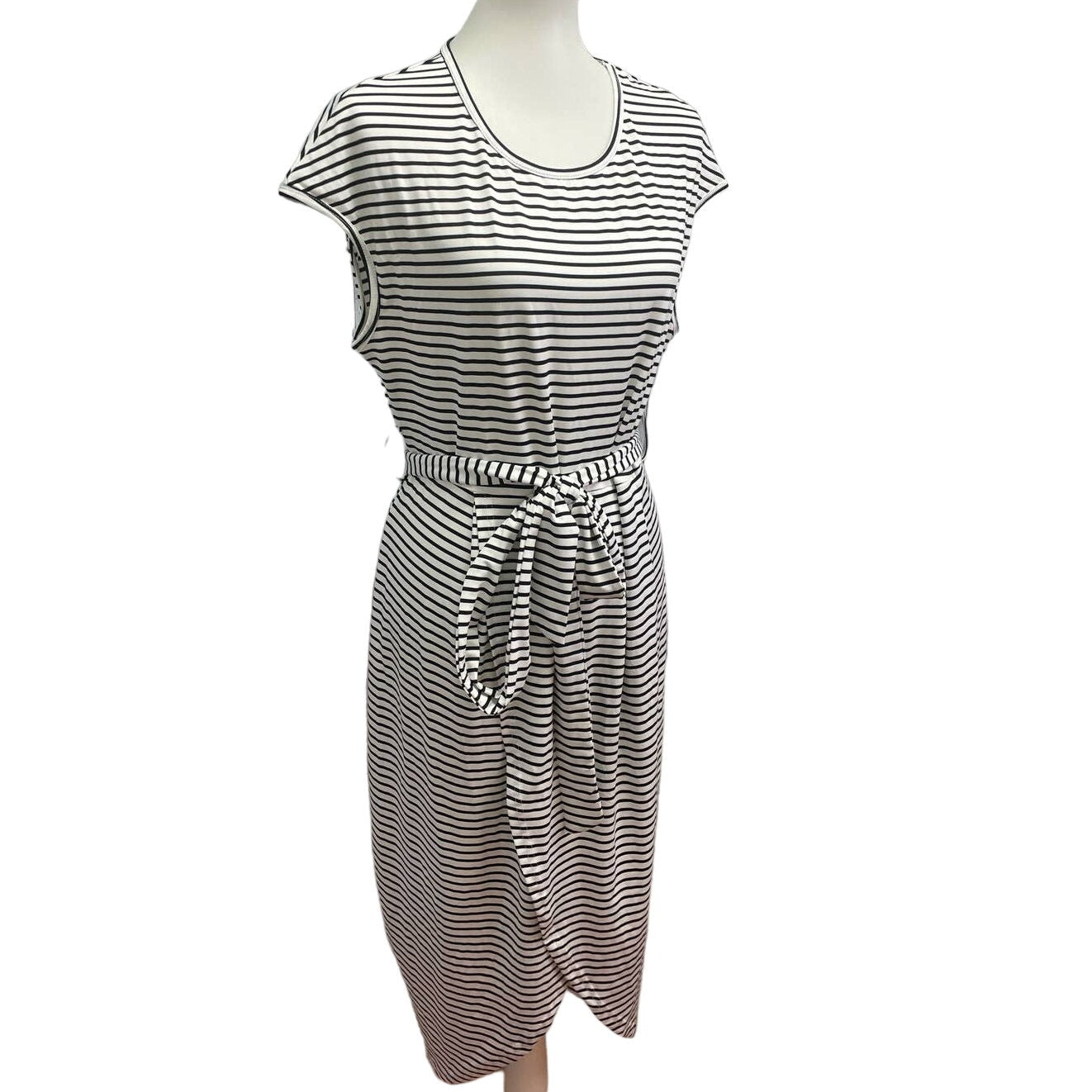 SHEIN 1X Cap Sleeve Polyester Blend Black White Striped Belted Wrap Dress