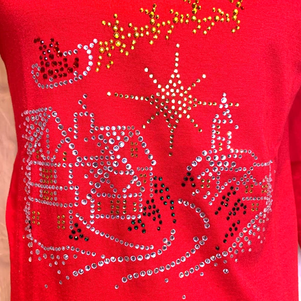 New Small Hand Printed Merry Christmas Rhinestone 3/4 Sleeve Cotton V-Neck Tee