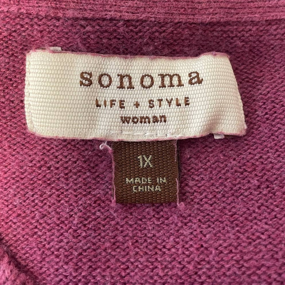 Sonoma Womens 1X Long Sleeve V-Neck Pullover Mauve Cotton Blend Knit Sweater