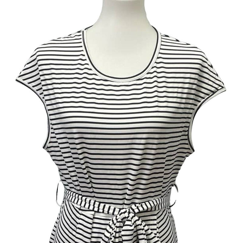SHEIN 1X Cap Sleeve Polyester Blend Black White Striped Belted Wrap Dress