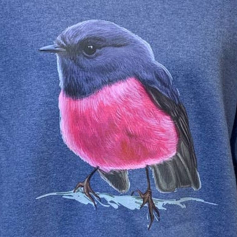 Upcycled Hand Printed Mens Large Pink Robin Bird CrewNeck Long Sleeve Sweatshirt