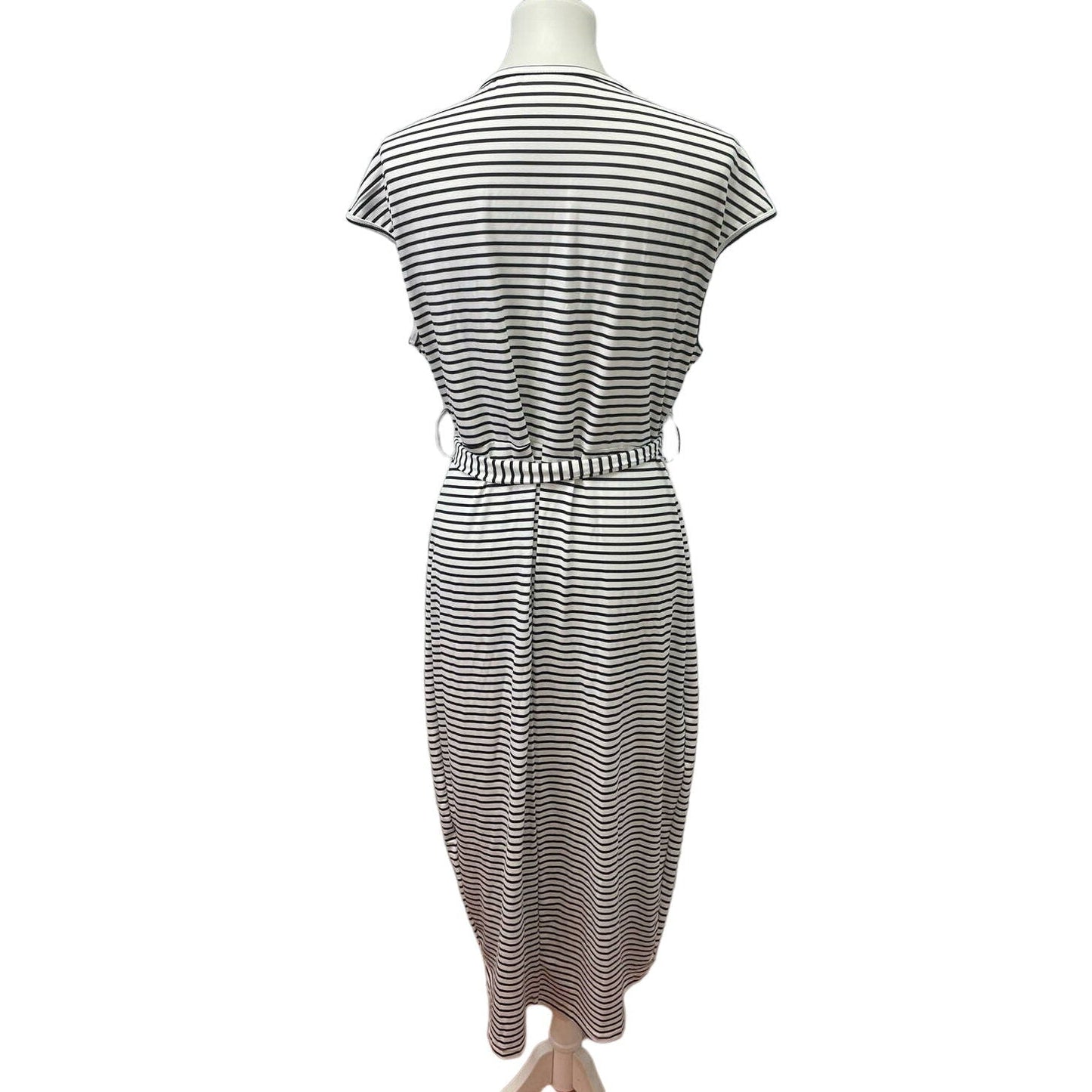 SHEIN 1X Cap Sleeve Polyester Blend Black White Striped Belted Wrap Dress