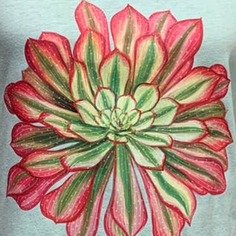 New Hand Printed Large Pink Green Succulent Cactus Cotton Blend Short Sleeve Tee