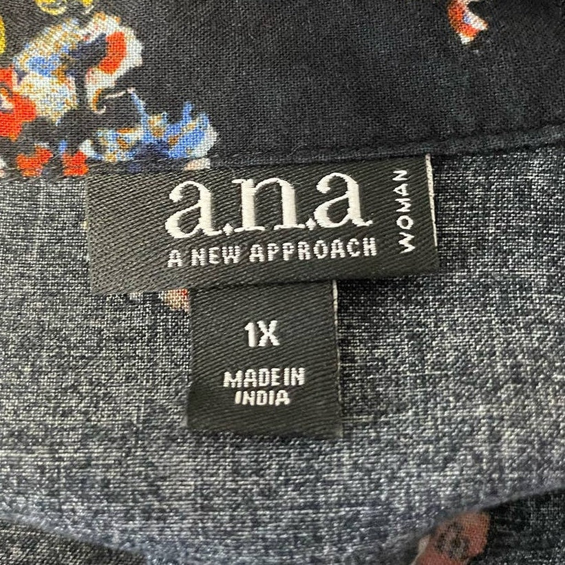 ANA Woman 1X Long Sleeve Button Up Flowy Collared Floral Cotton Blend Blouse