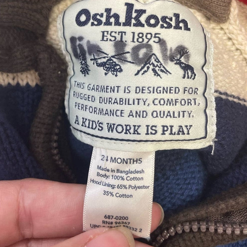 Osh Kosh Boys 2 Mos Upcycled Striped Hooded Full Zip Sweater Jacket w Pockets