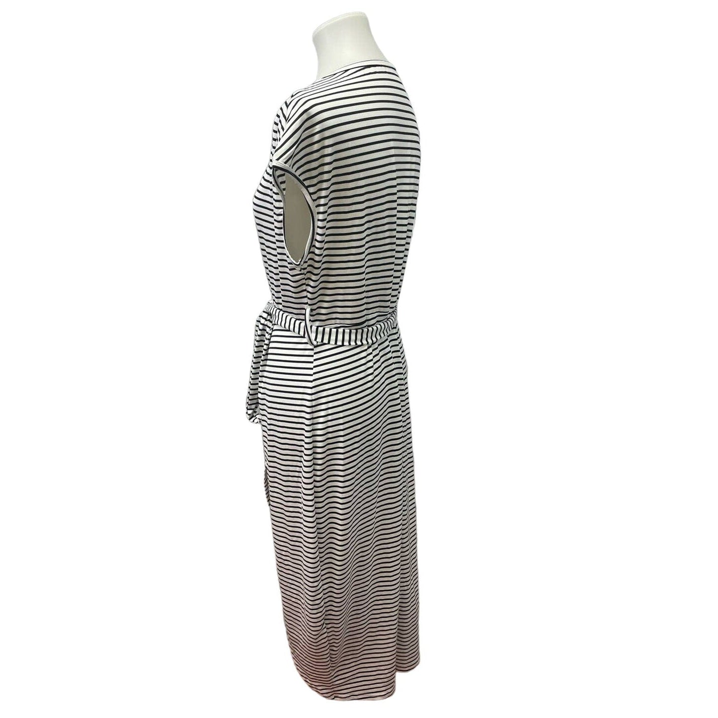 SHEIN 1X Cap Sleeve Polyester Blend Black White Striped Belted Wrap Dress
