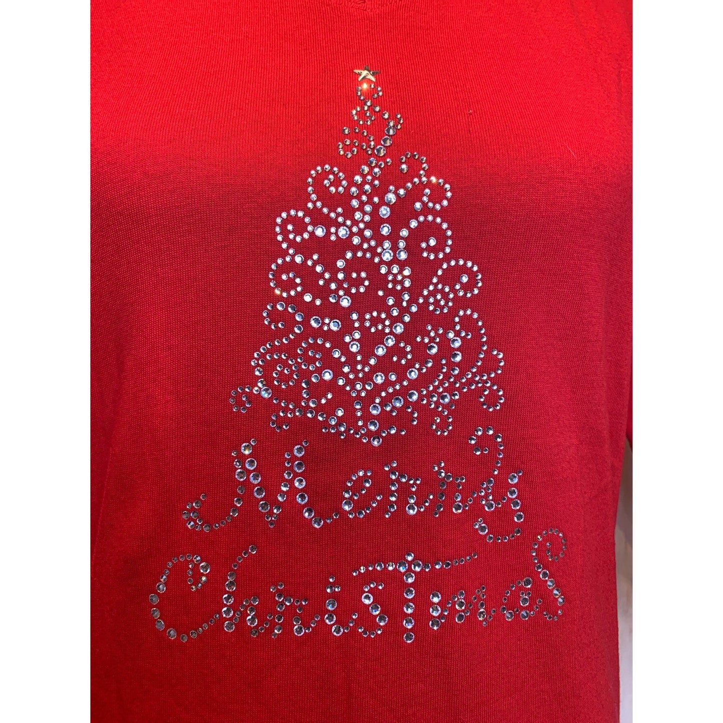 New Hand Printed Small Merry Christmas Tree Rhinestone 3/4 Sleeve Cotton Tee