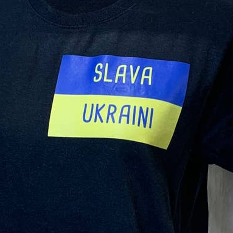 Upcycled Hand Printed Womens Medium Ukraine Flag Slava Ukraini Fundraiser Tee