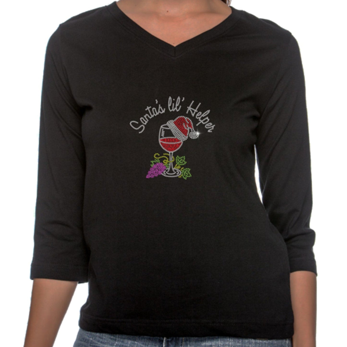 New XL Hand Printed Santa Helper Christmas Rhinestone Wine Cotton 3/4 Sleeve Tee