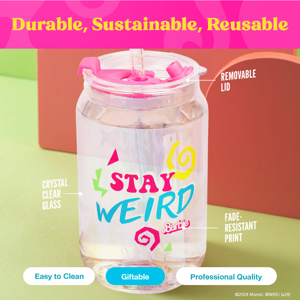 Reusable glass water bottle with colorful design and text, featuring Barbie branding.