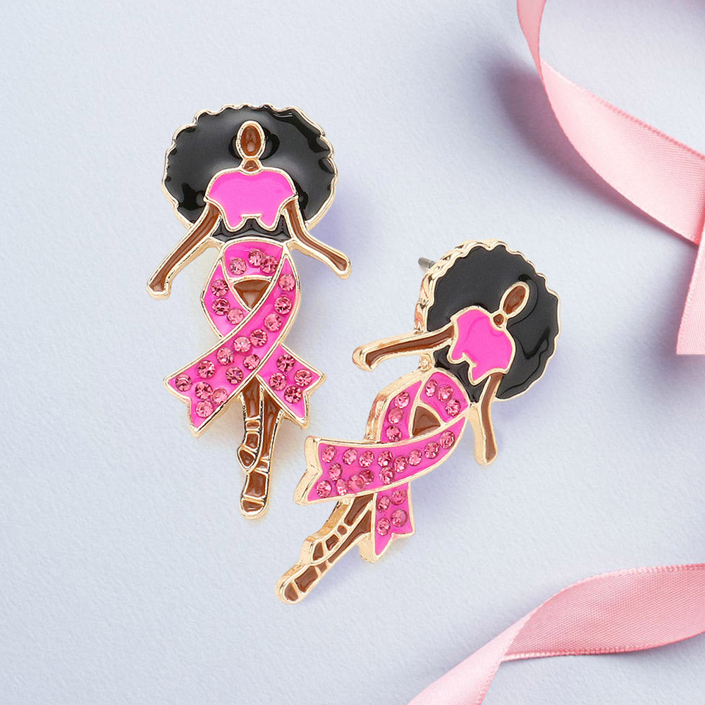 Stone Paved Pink Ribbon Enamel Afro Woman Earrings