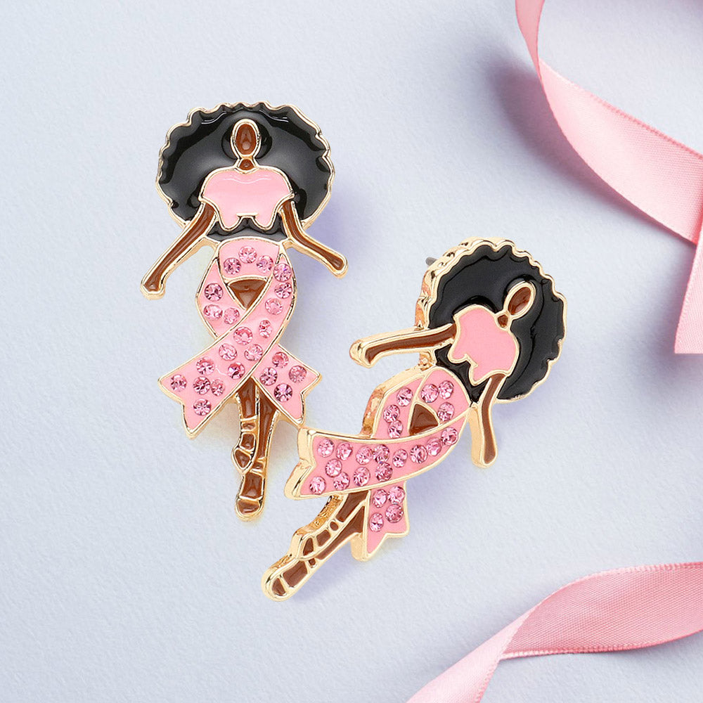 Stone Paved Pink Ribbon Enamel Afro Woman Earrings