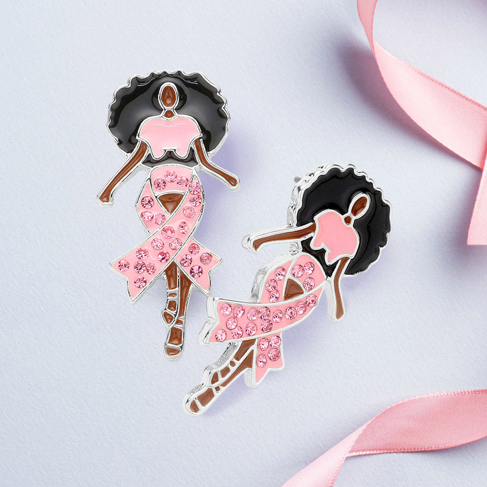 Stone Paved Pink Ribbon Enamel Afro Woman Earrings