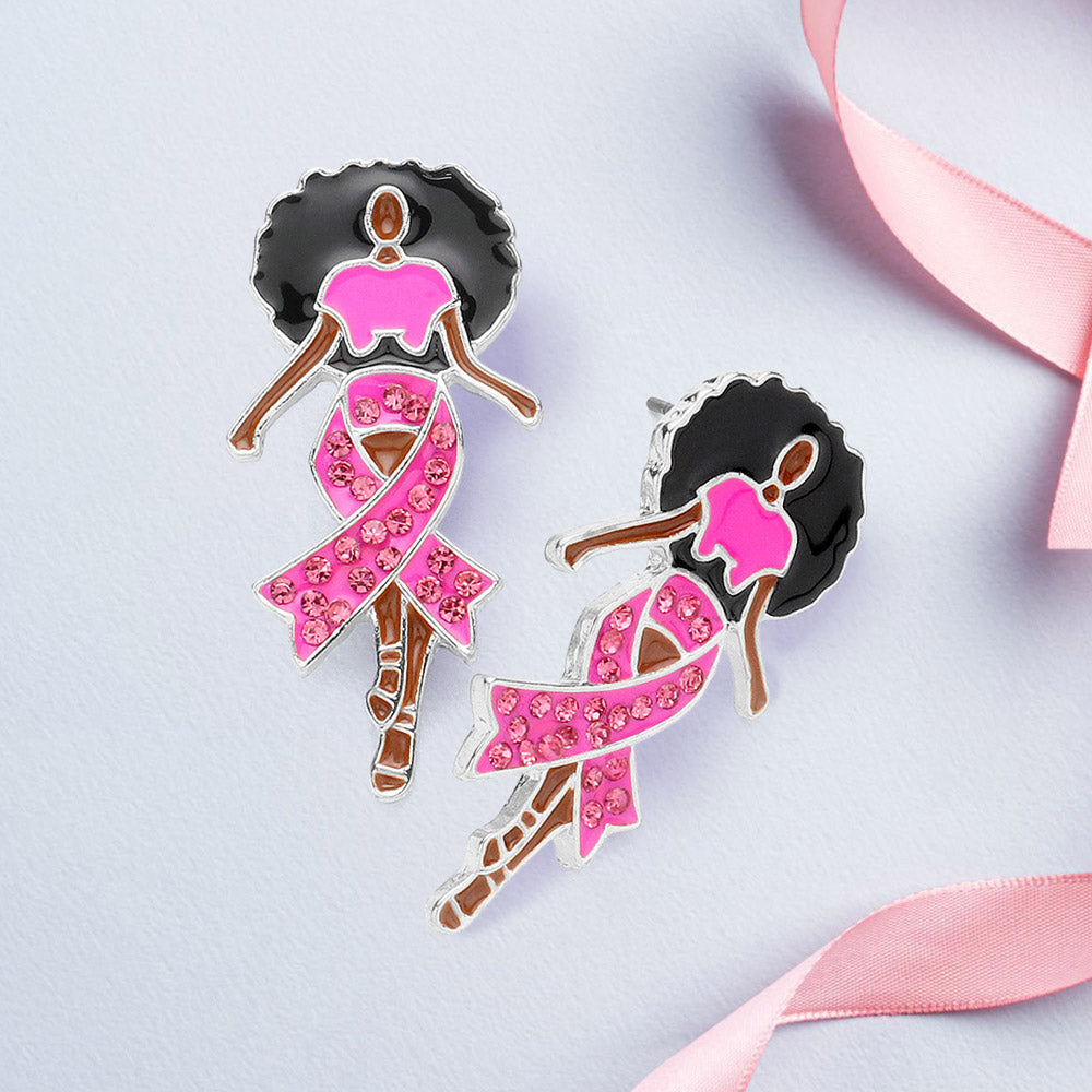 Stone Paved Pink Ribbon Enamel Afro Woman Earrings