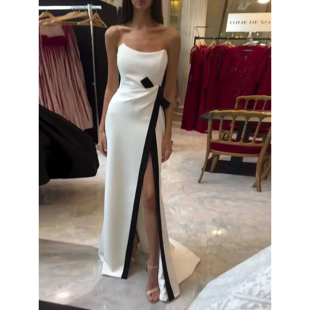 Strapless Black and White Contrasting Slit Dress