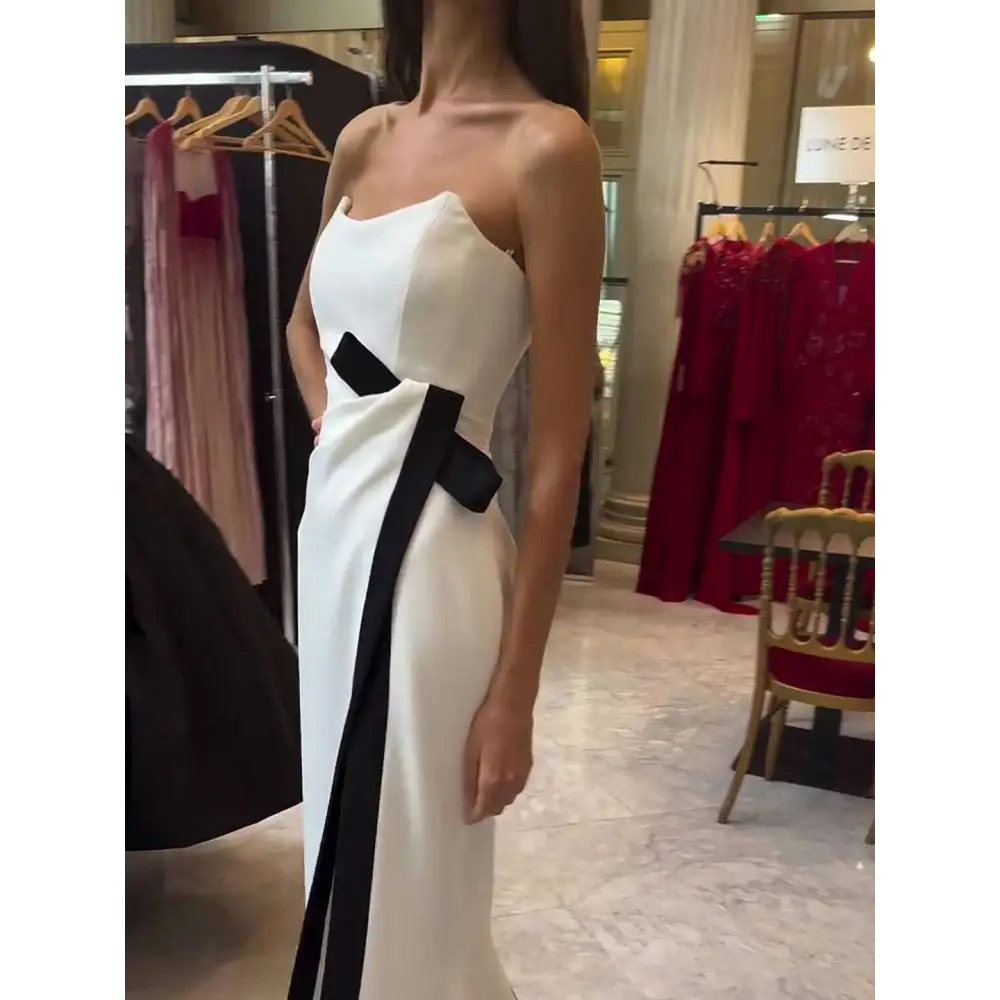 Strapless Black and White Contrasting Slit Dress