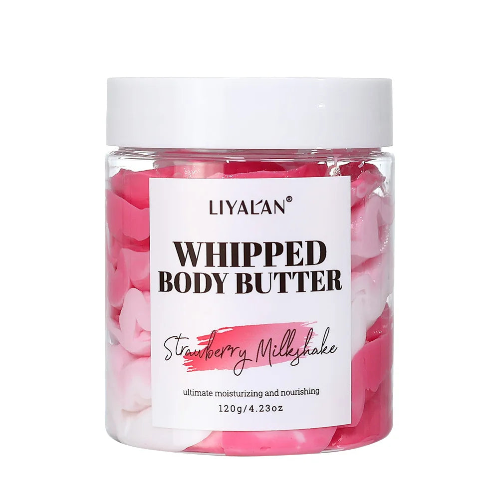 Jar of LIYALAN whipped body butter with pink contents on a white background
