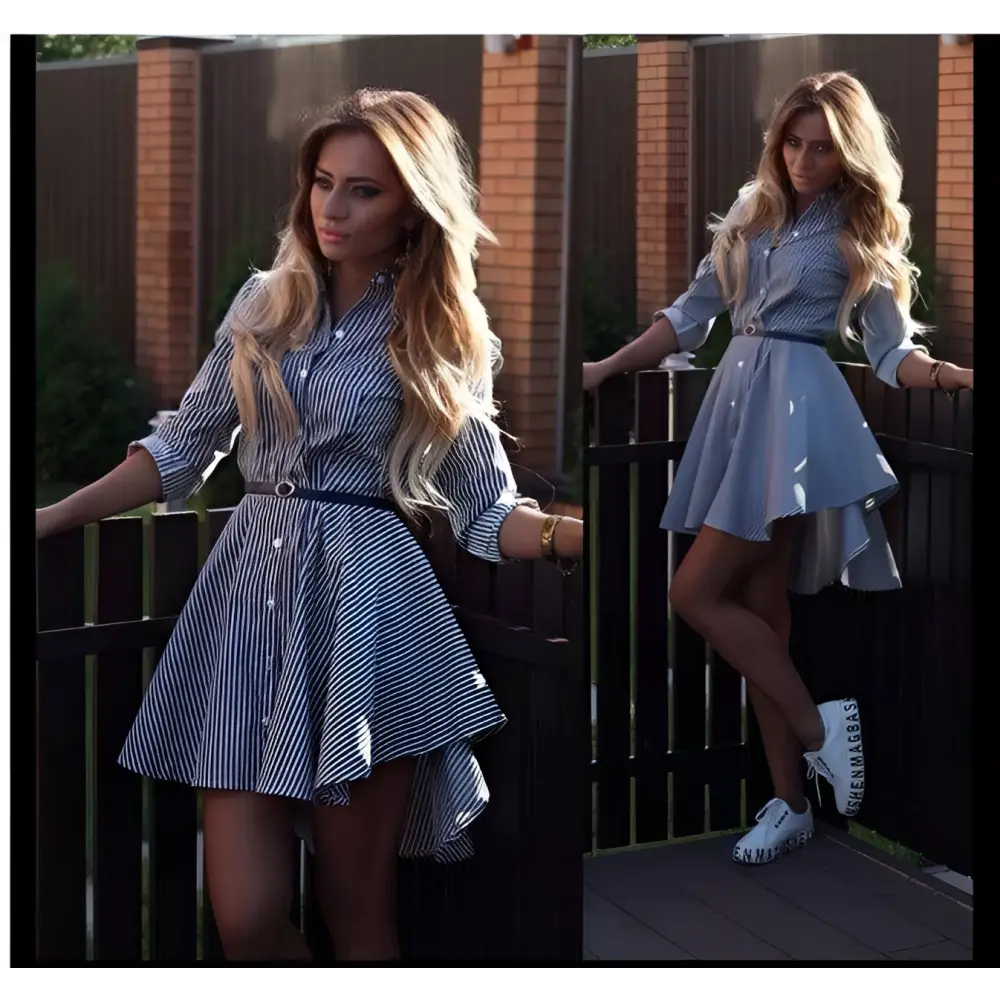Striped Pink Female Long Sleeved Dress Cocktail Casual