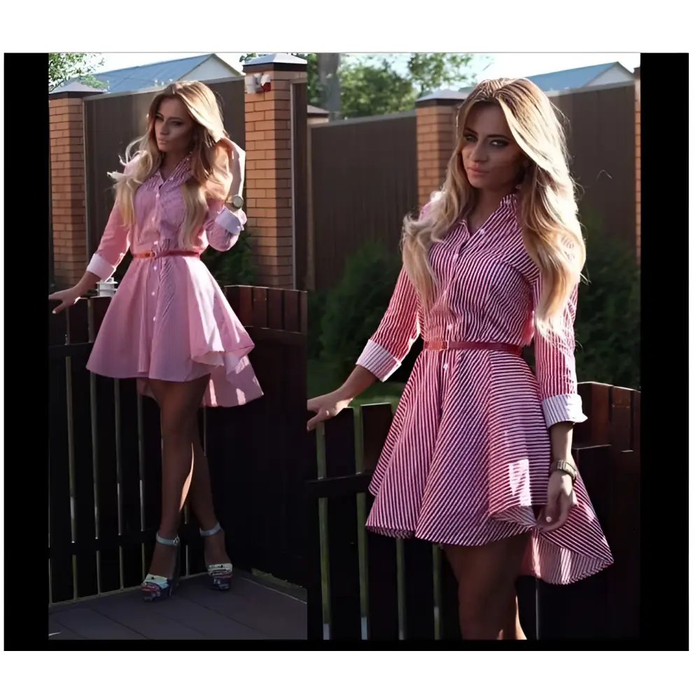 Striped Pink Female Long Sleeved Dress Cocktail Casual