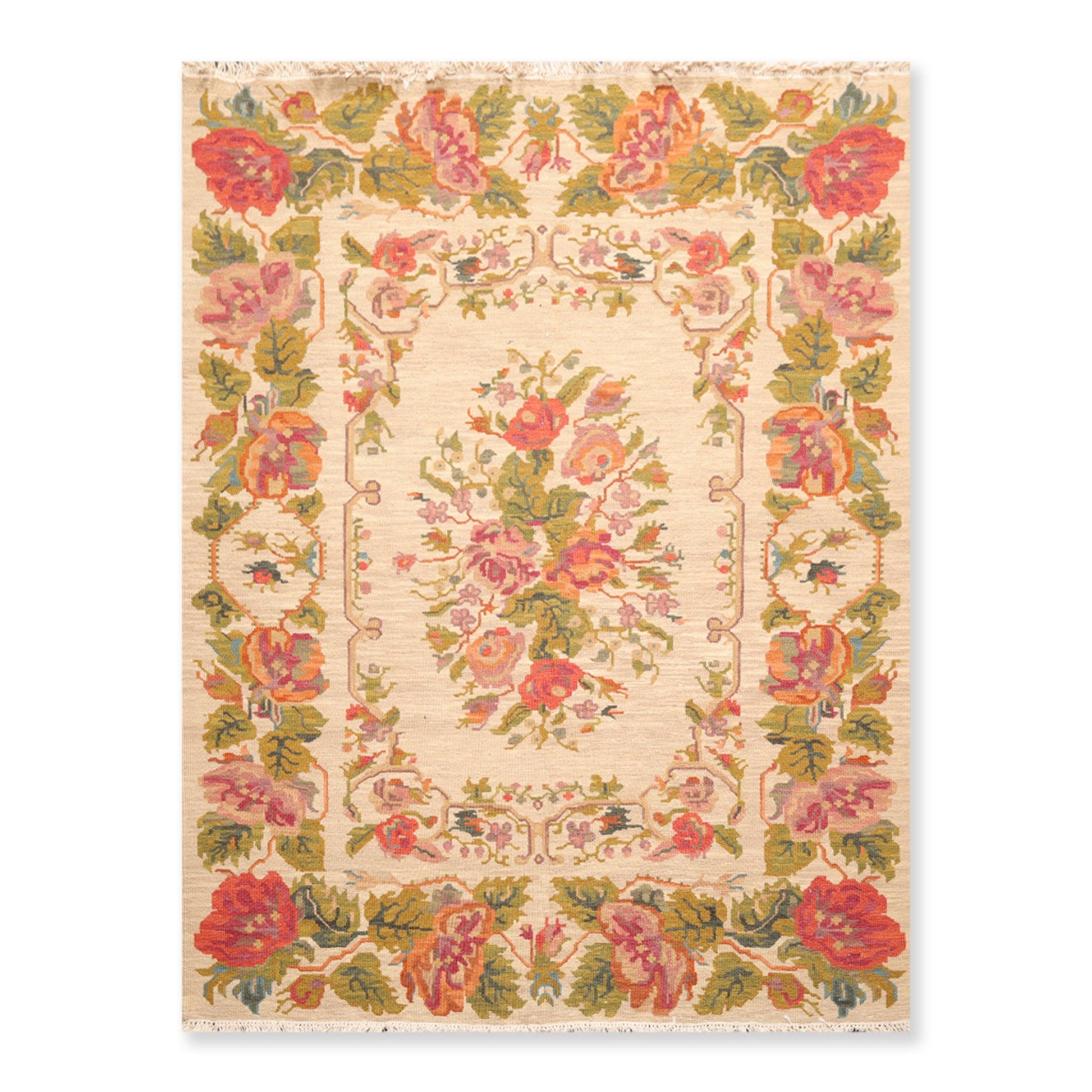 5'6" x 7'6" Hand Knotted Wool Reversible Floral Area Rug Beige-0