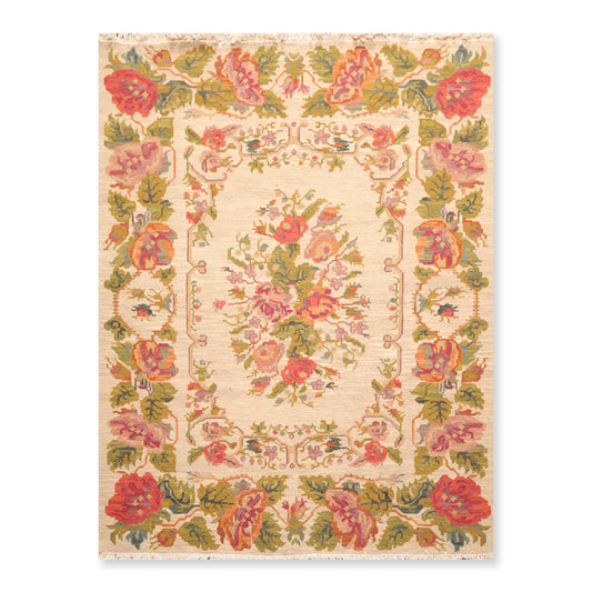 5'6" x 7'6" Hand Knotted Wool Reversible Floral Area Rug Beige-0