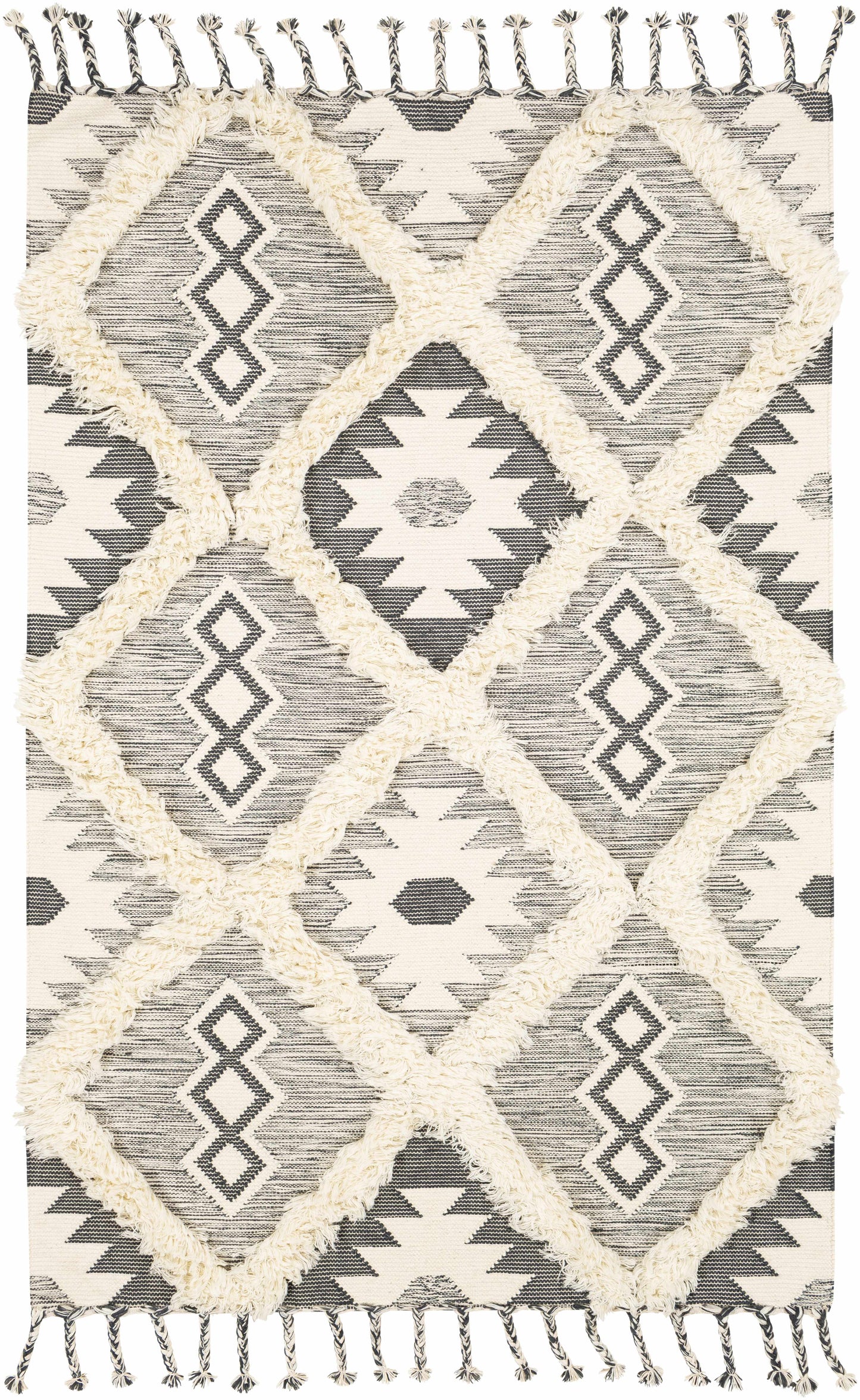 Sultan Charcoal/Beige Tribal Tassel Wool Rug - Clearance