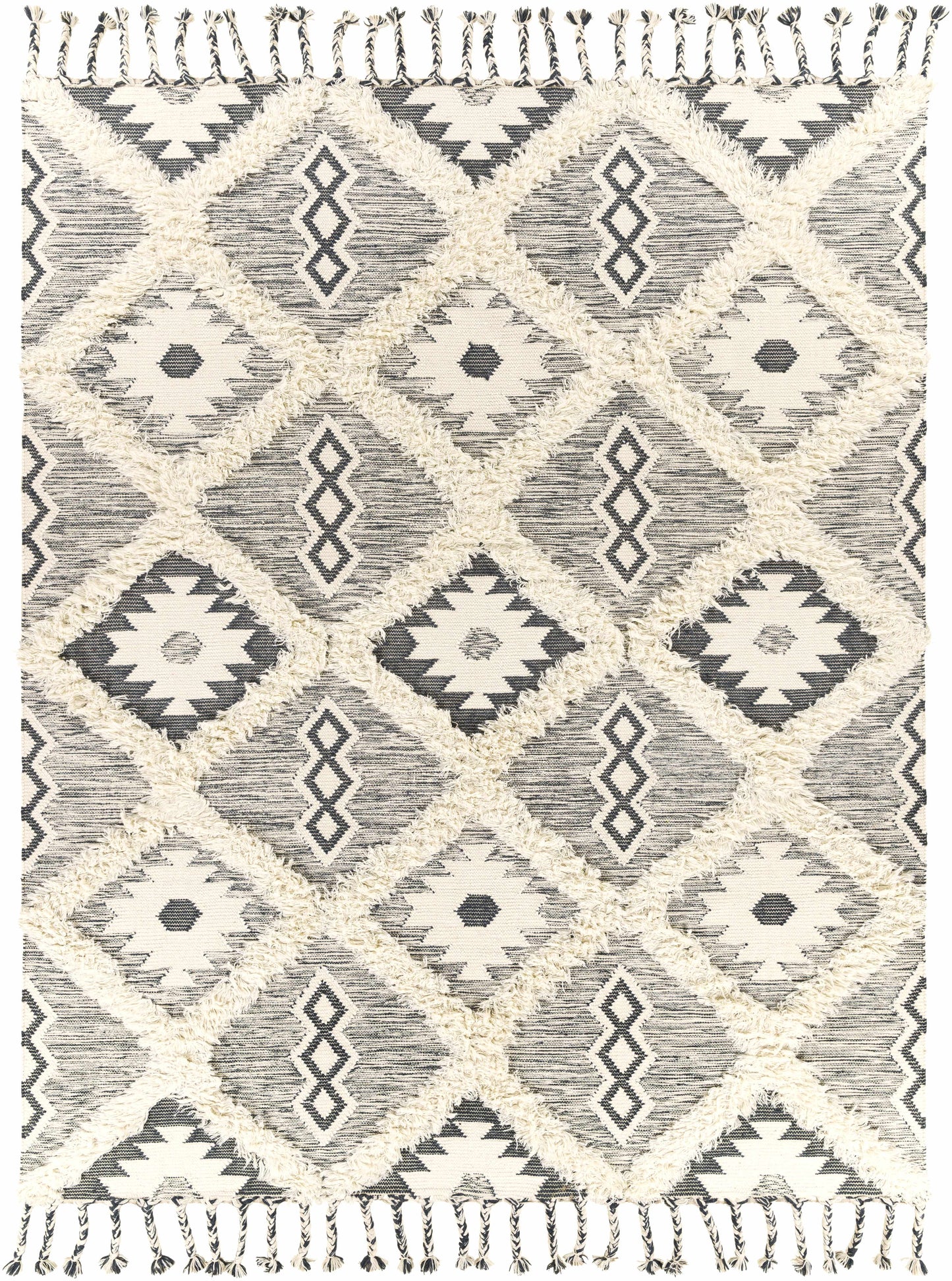 Sultan Charcoal/Beige Tribal Tassel Wool Rug - Clearance