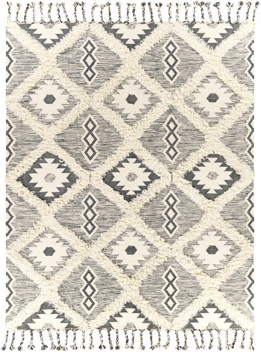 Sultan Charcoal/Beige Tribal Tassel Wool Rug - Clearance