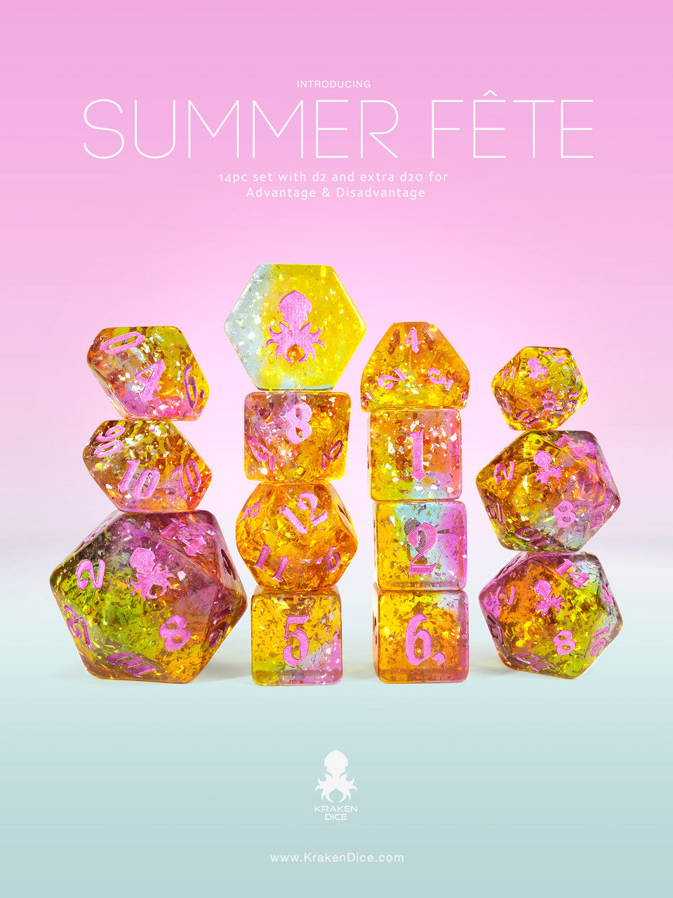 Kraken Dice Summer Fête 14pc TTRPG Dice Set with Pink Ink