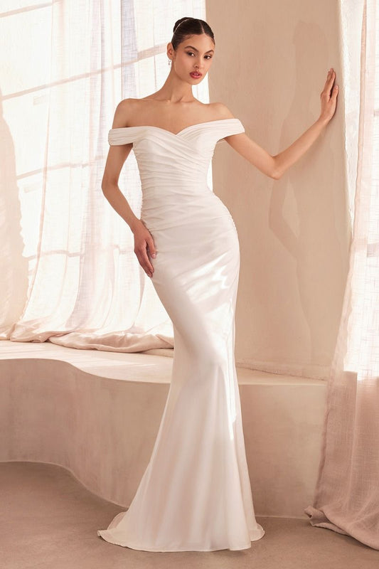 Romantic Off The Shoulder Solid Wedding Gown w/ Ruched Design & Zip Closure CDT402W