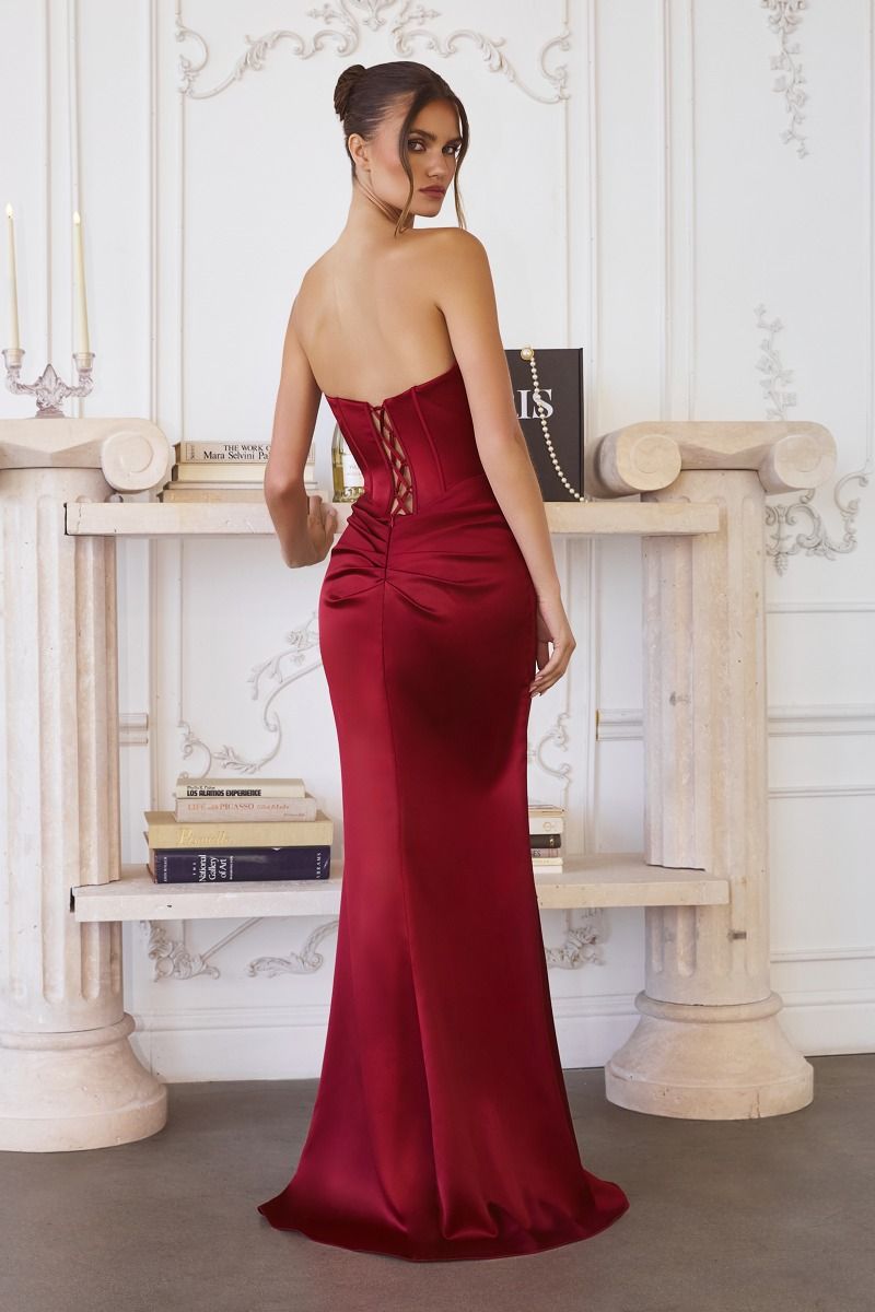 Strapless Soft Satin Bridesmaid Gown w/ Twisted Boned Bodice & Leg Slit CDT611