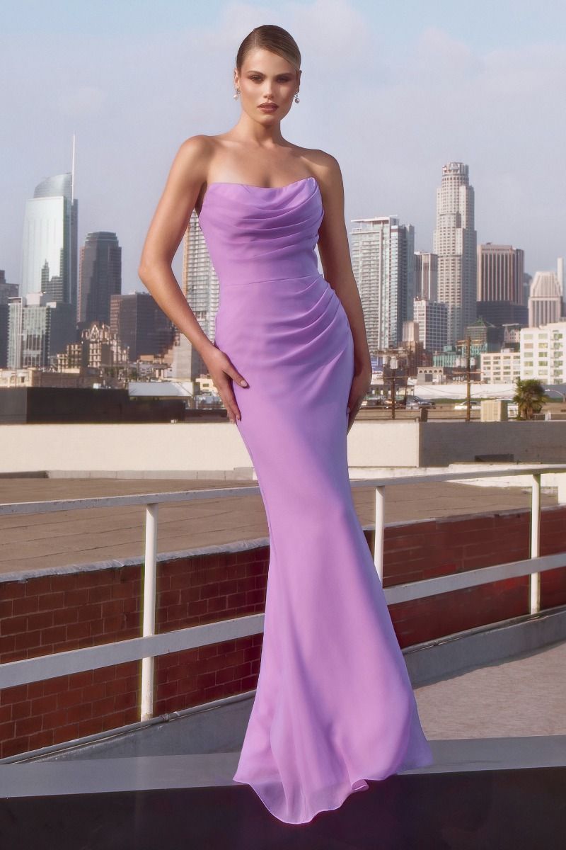 Strapless Bridesmaid Draped Chiffon Gown with Fitted Silhouette & Sweep Train CDT702