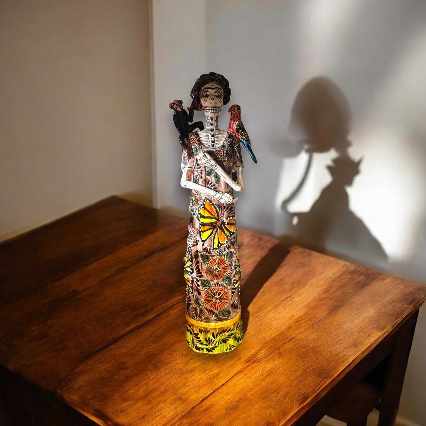 Talavera Catrina Figurine | Day of the Dead Skeleton with Monkey & Bird