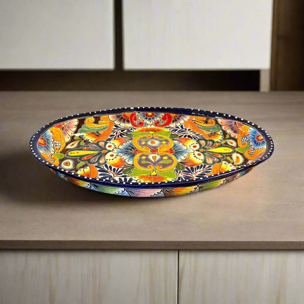 Talavera Oval Serving Platter | Cobalt-Blue Rim Kitchenware