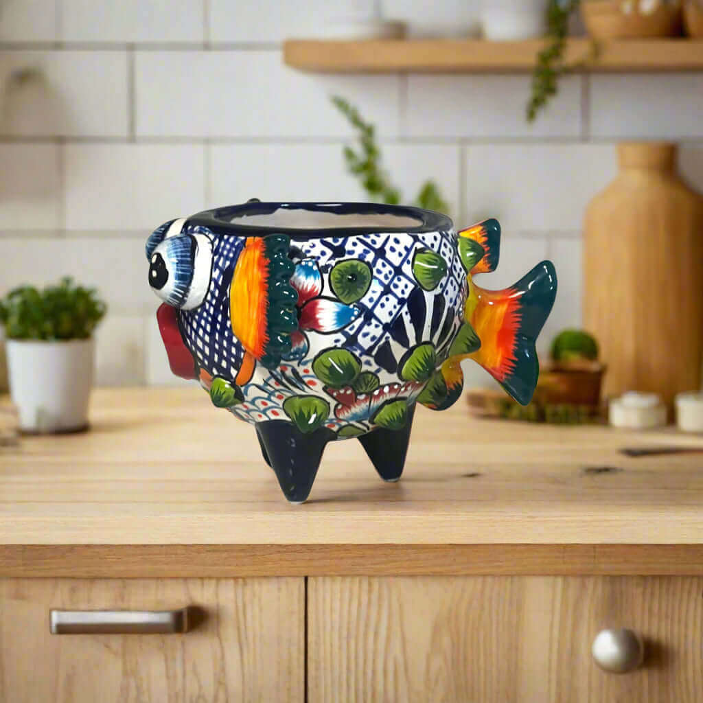 Talavera Puffer Fish Planter | Colorful Mexican Ceramic Pot