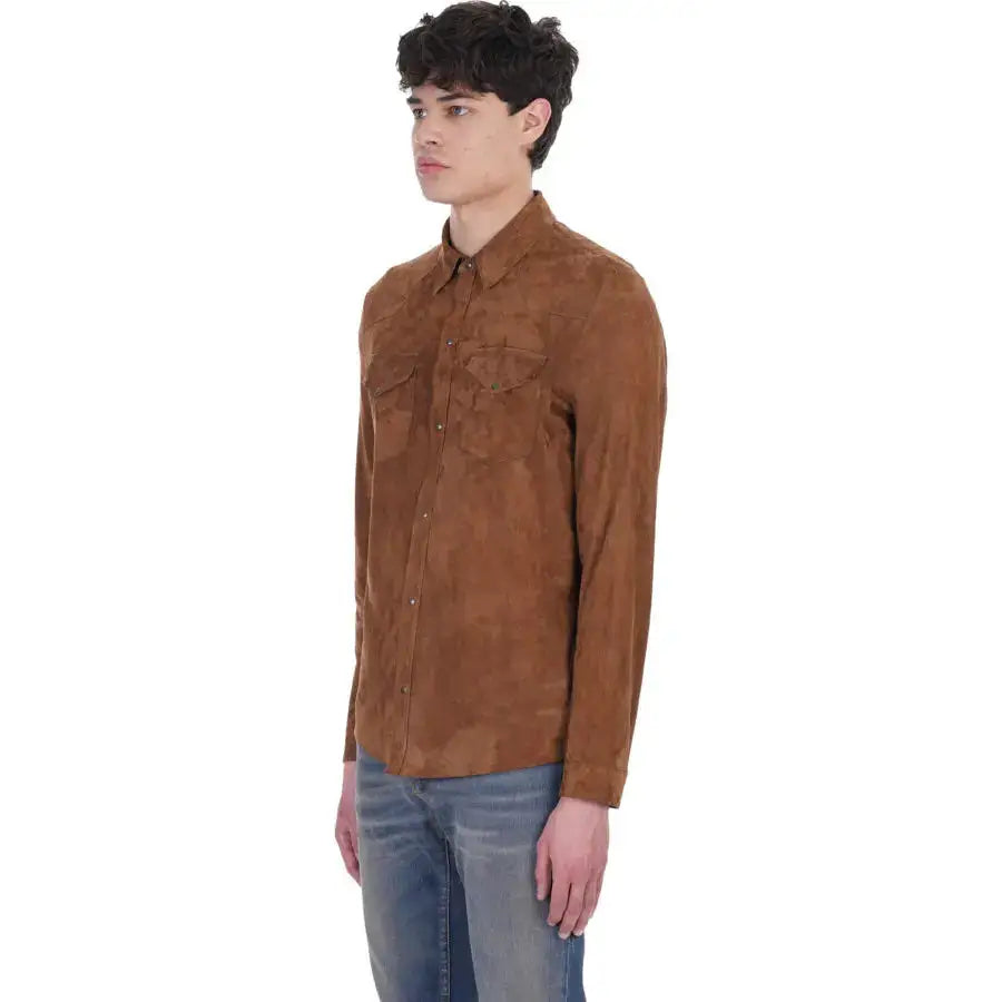 Tan Brown Suede Leather Shirt-2