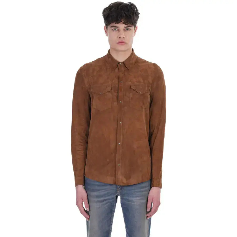 Tan Brown Suede Leather Shirt-0
