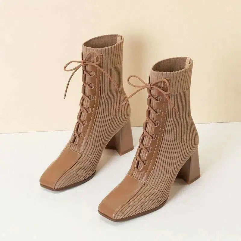 Tan Lace Up Square Toe Chunky Heel Knit Boots