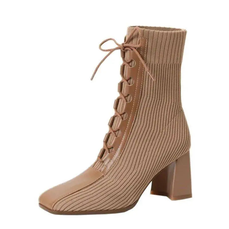Tan Lace Up Square Toe Chunky Heel Knit Boots