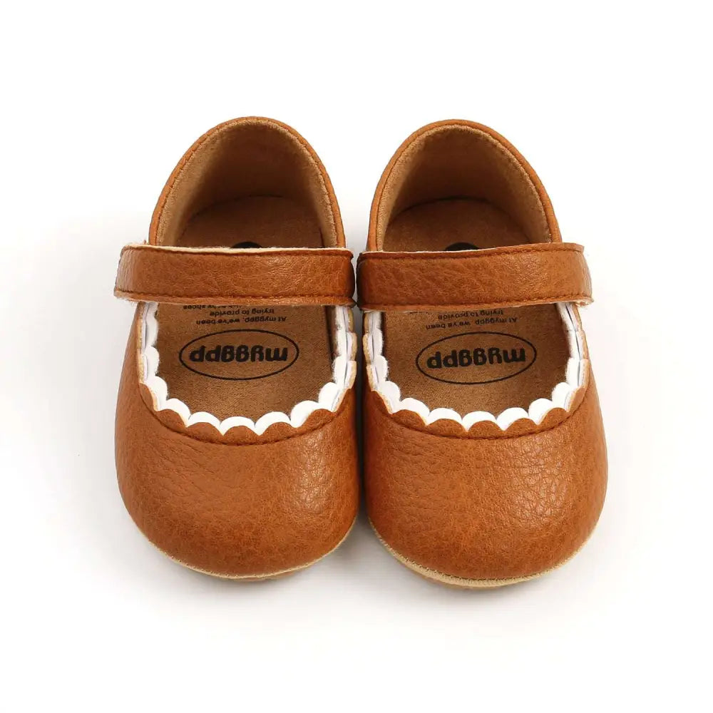 Tan Leather Baby Princess Shoes with Scalloped Trim