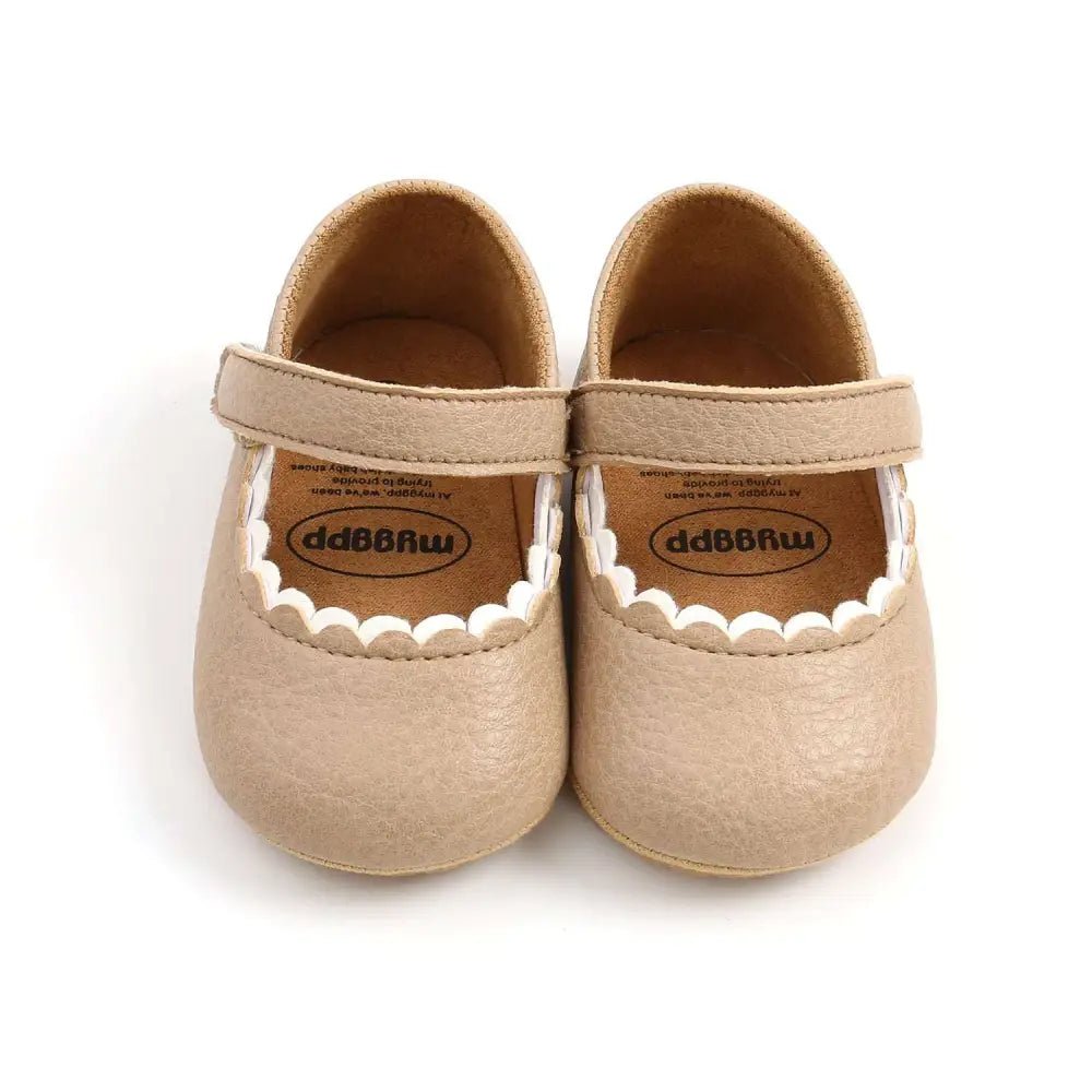 Tan Leather Baby Princess Shoes with Scalloped Trim