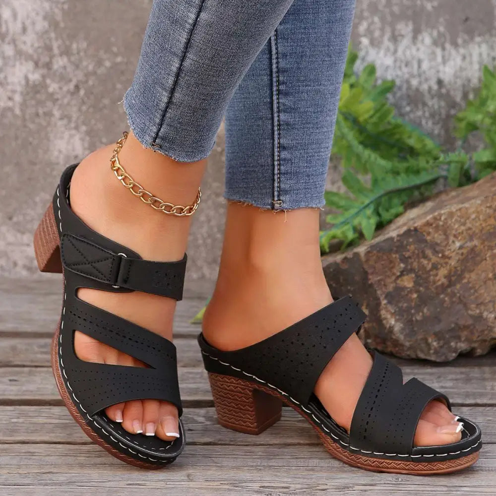 Tan Leather Summer Casual Chunky Heel Sandals