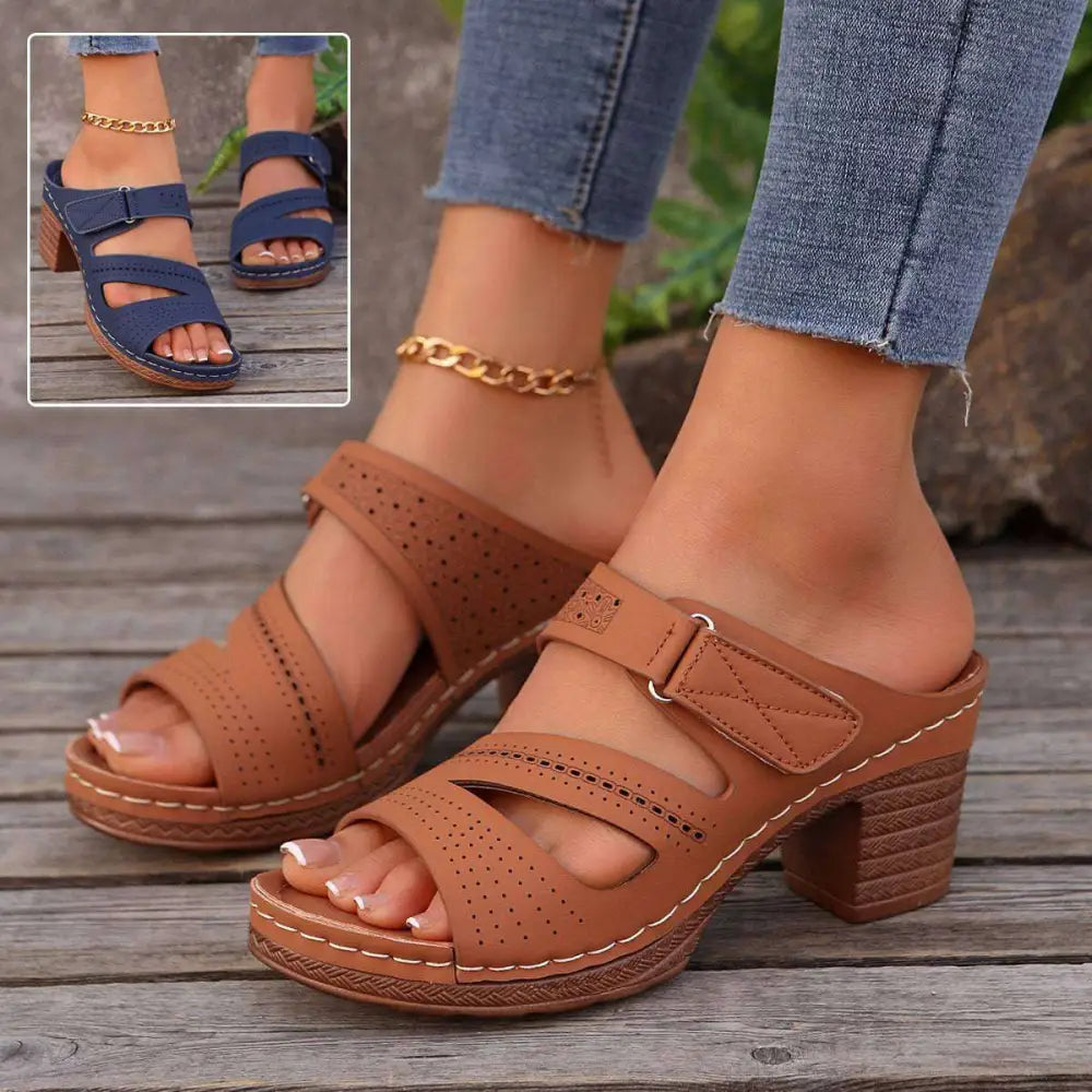 Tan Leather Summer Casual Chunky Heel Sandals