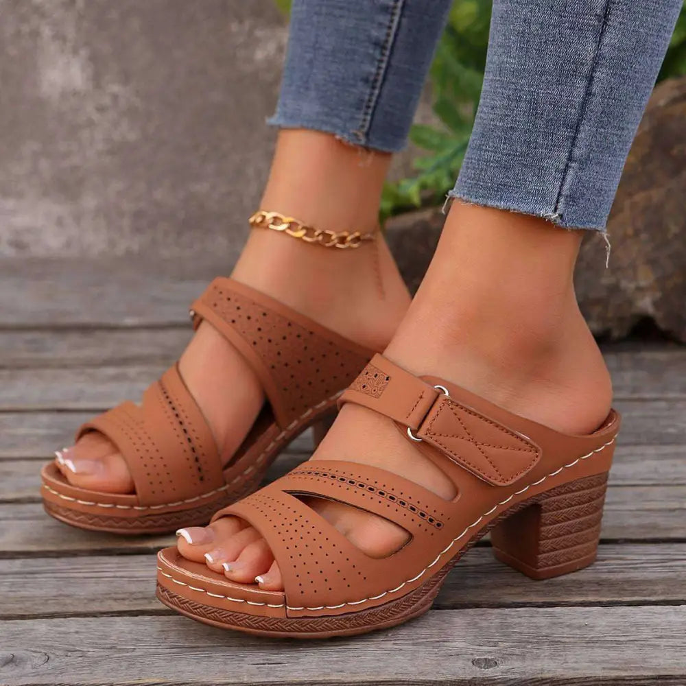 Tan Leather Summer Casual Chunky Heel Sandals