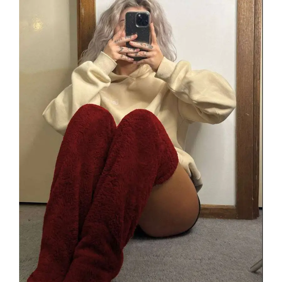 Tan Paw Print Fuzzy Long Socks
