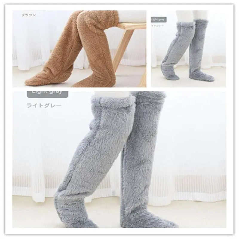 Tan Paw Print Fuzzy Long Socks