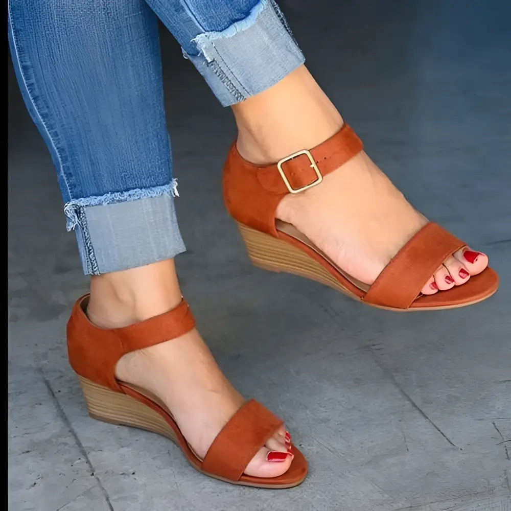 Tan Suede Wedge Buckle Strap Plus Size Sandals