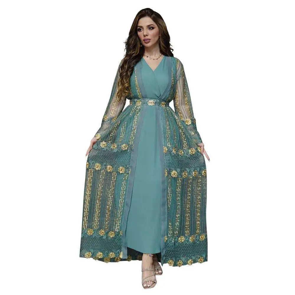 Teal Gold Embroidered Vest Dress Kraft Abaya